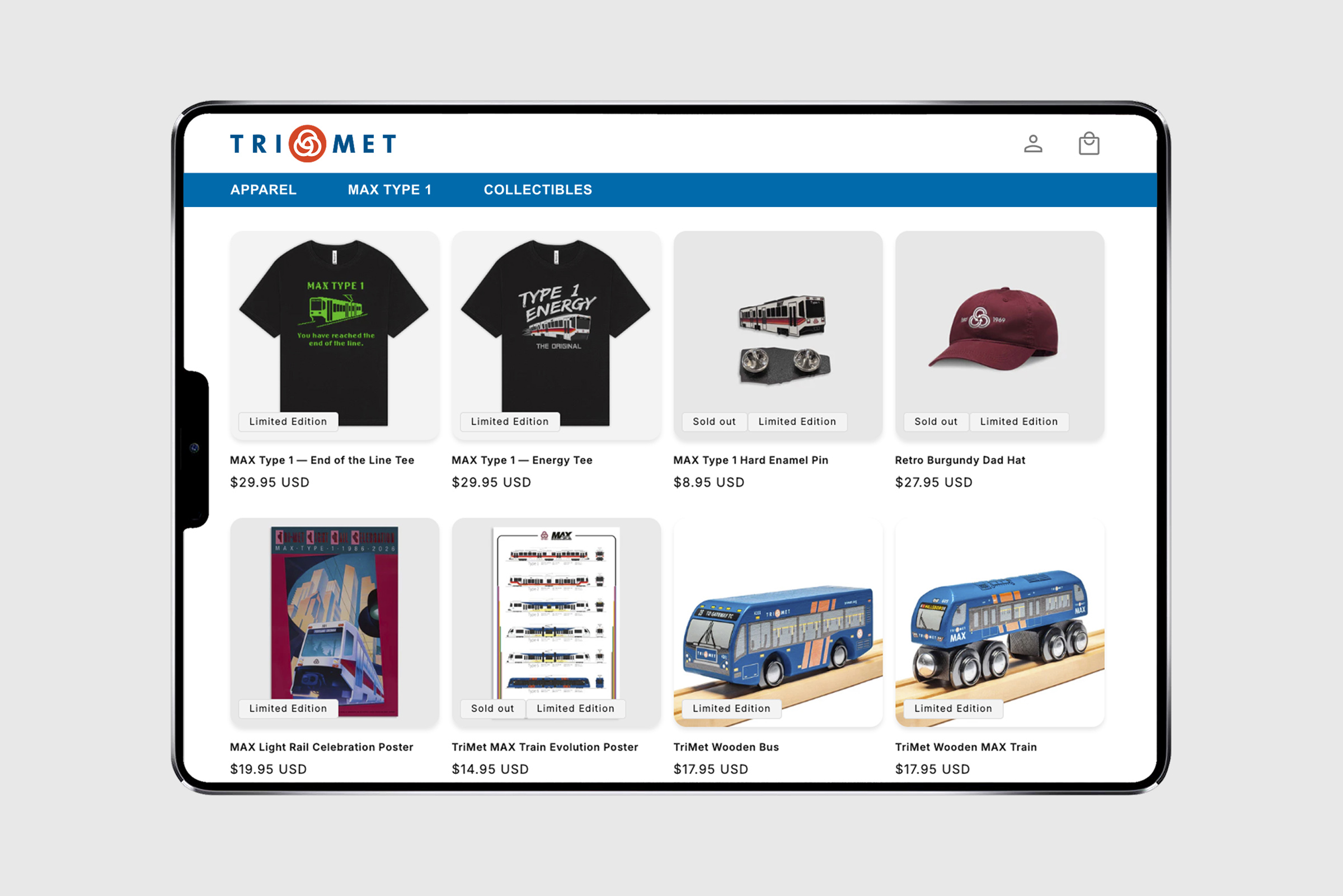 Premier360 custom branded merchandise portal for the TriMet MAX Type 1 retirement event