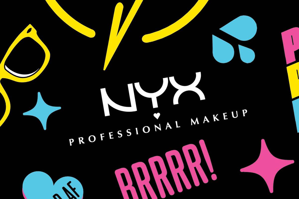 NYX makeup sunglasses, water drops, and star graphics in pink, yellow, and blue on black background
