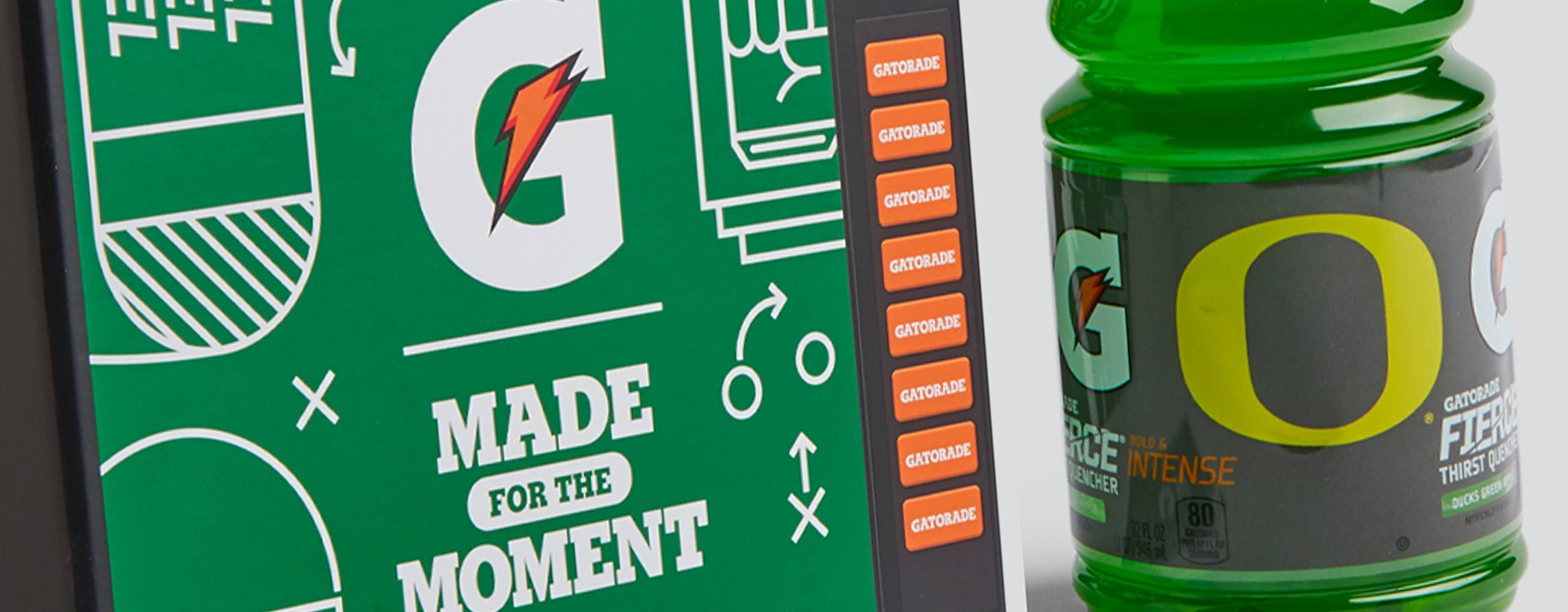 Gatorade gift box set featuring custom printed box and a bottle of "green apple" Gatorade with the Oregon Ducks 'O' on it.