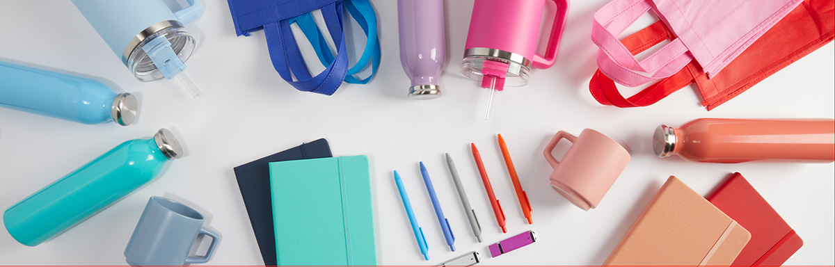 assortment of colorful branded merchandise