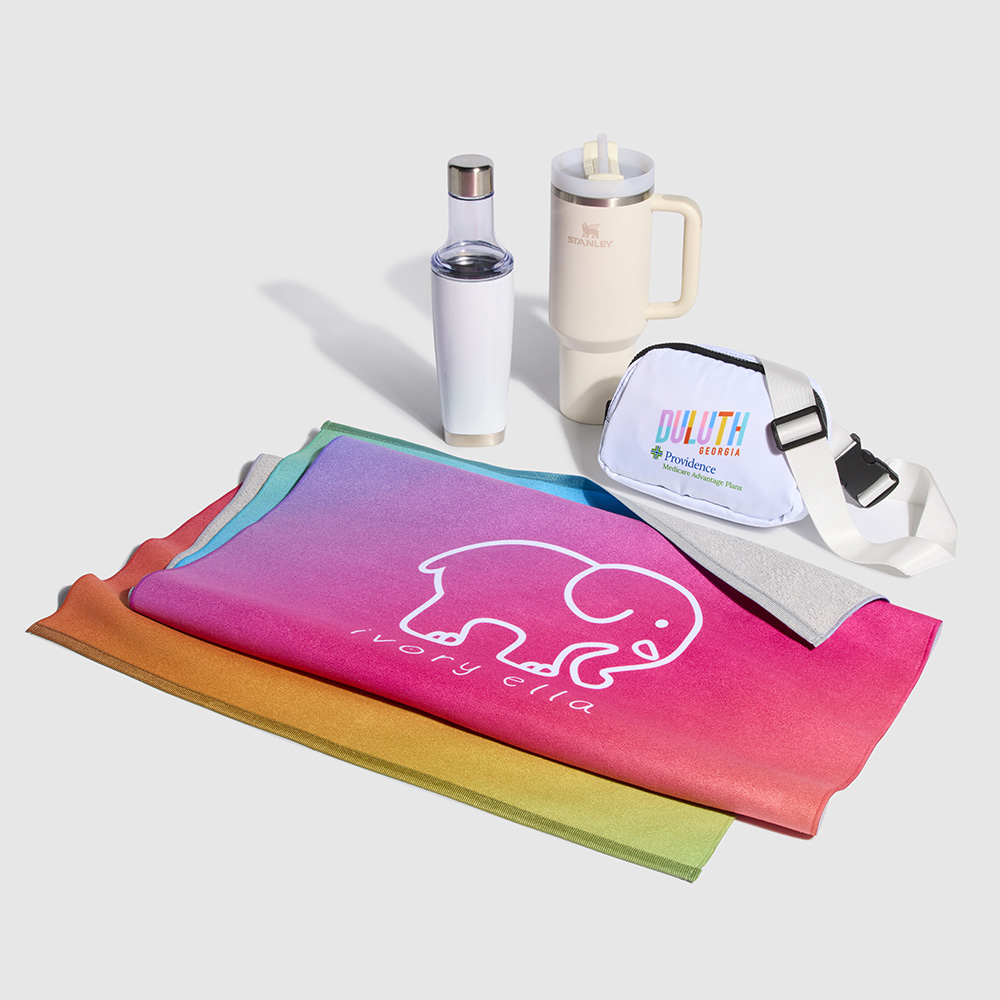 Branded items including towel, water bottles, and waist pouch