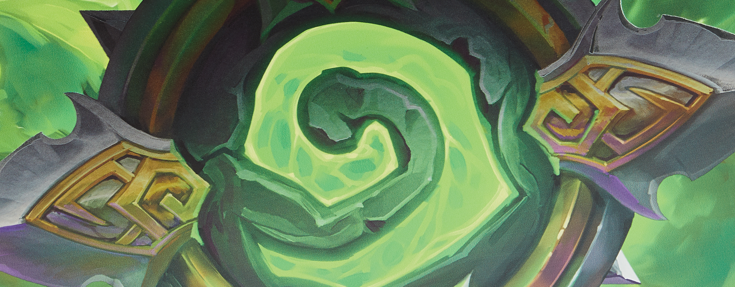Close up illustration of shield graphics and green background from the Hearthstone game by Blizzard Entertainment