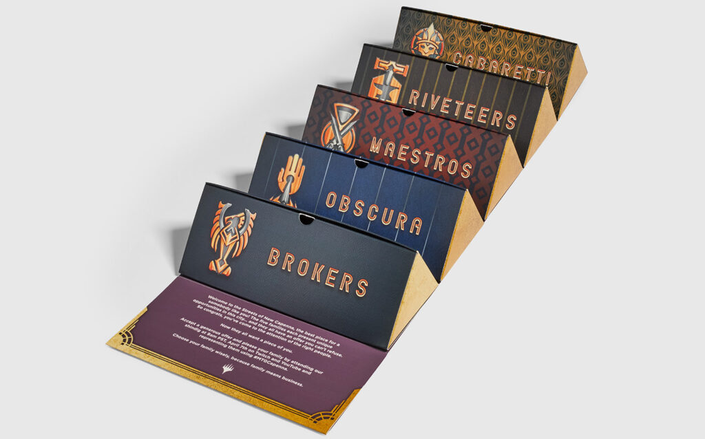 5 trianglular shaped packages that when roller up make a pentagon shaped package design. For streets of new capenna.