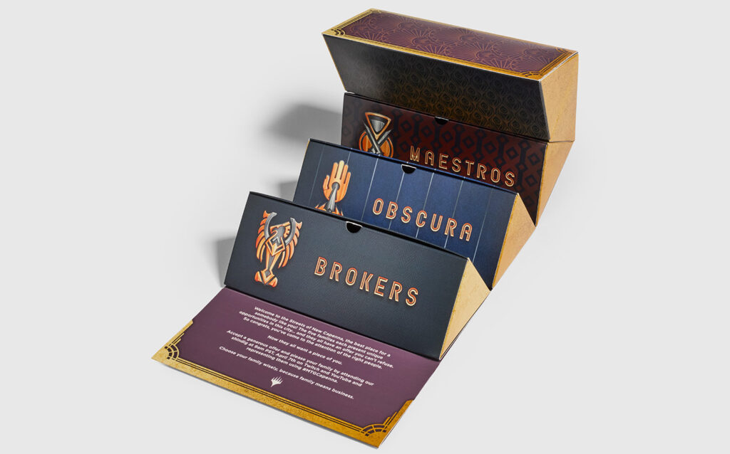 pentagon shaped package design unrolling to reveal 5 triangular shaped inner packages for streets of new capenna