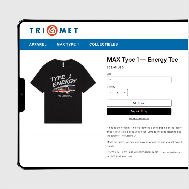 Premier360 custom branded merchandise portal for the TriMet MAX Type 1 retirement event