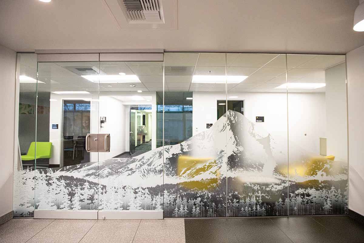 interior design window graphics with mt hood