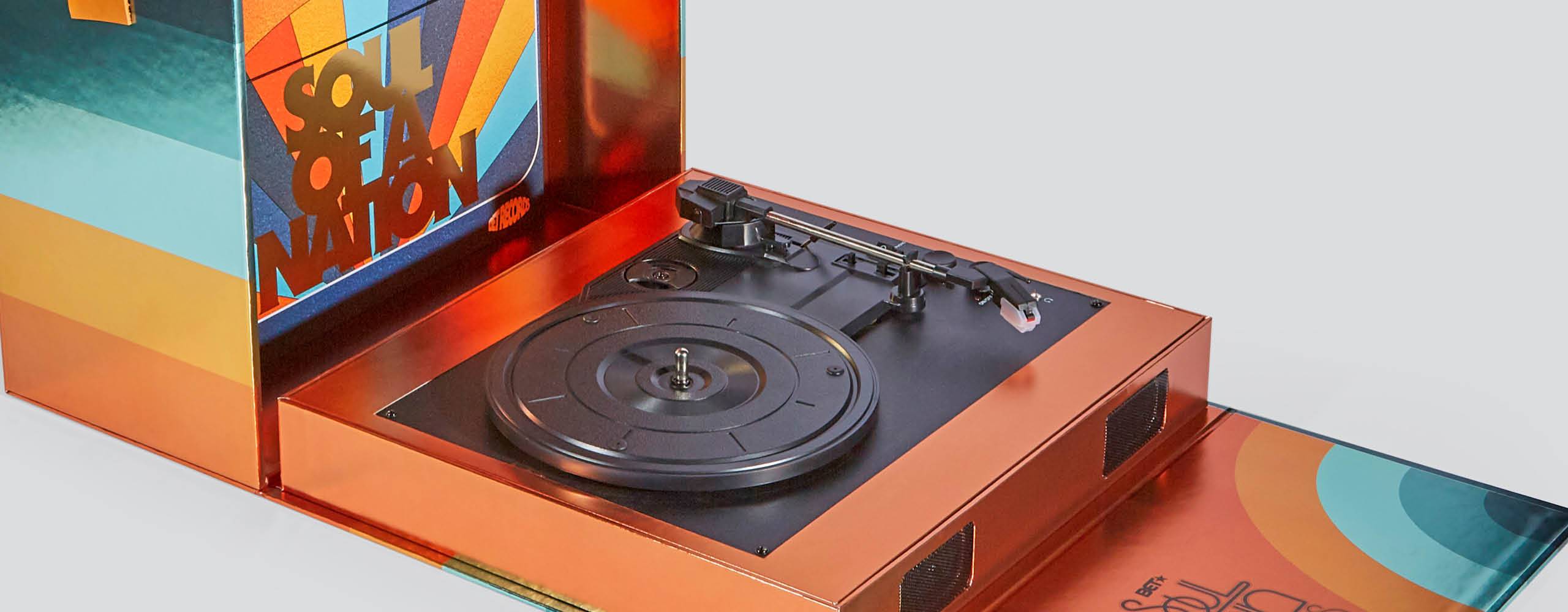 BET Soul Train Music Awards influencer kit box unfolded to show the embedded functional record player